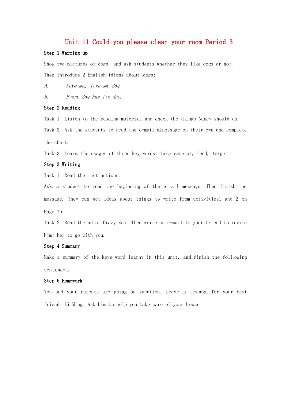 山东省肥城市安站中学八年级英语上册 Unit 11 Could you please clean your room Period 3导学案 人教新目标版_第1页