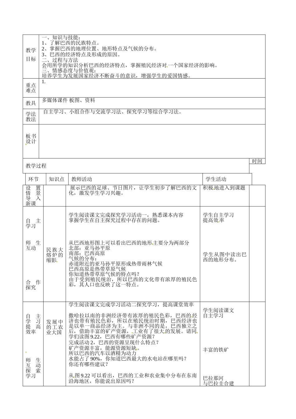 山东省临沭县第三初级中学七年级地理下册《9.2 巴西》教案（1） 新人教版_第2页