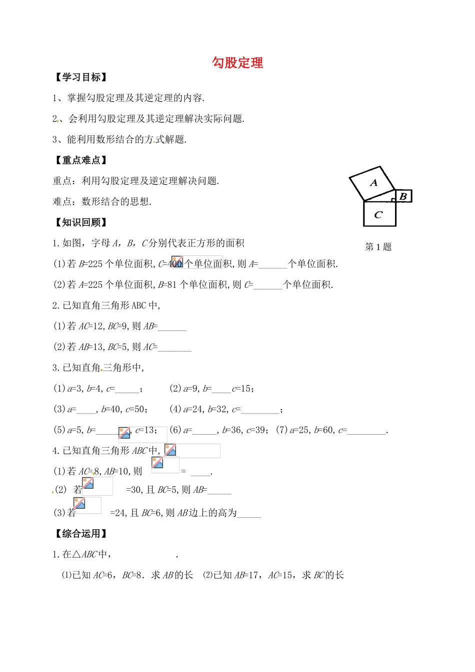 山东省郯城县红花镇中考数学专题复习 专题五（21）勾股定理学案-人教版初中九年级全册数学学案_第1页