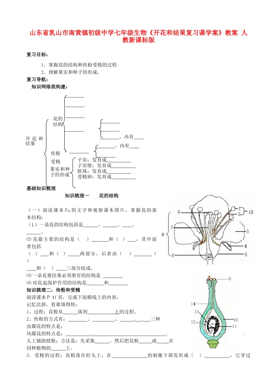 山东省乳山市南黄镇初级中学七年级生物《开花和结果复习课学案》教案 人教新课标版_第1页