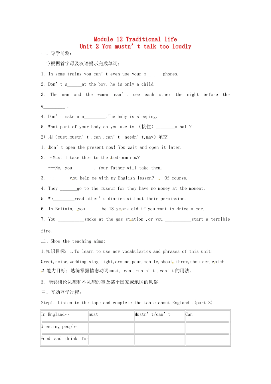 八年级英语上册 Module 12 Unit 2 You mustn’t talk too loudly学案 外研版_第1页