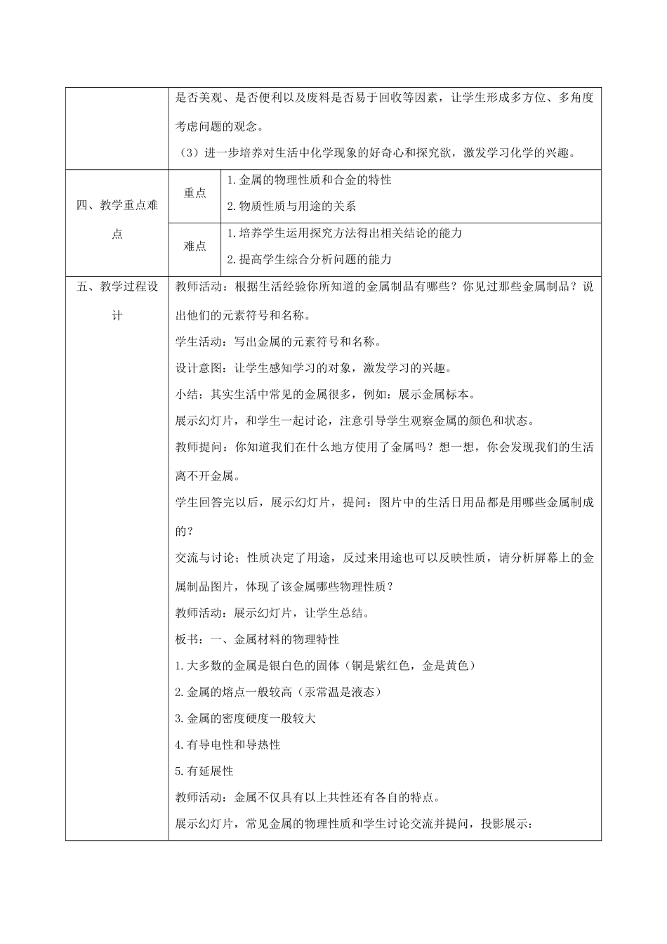 九年级化学下册 第六章 金属 6.1 金属的物理性质教案 （新版）粤教版-（新版）粤教版初中九年级下册化学教案_第2页