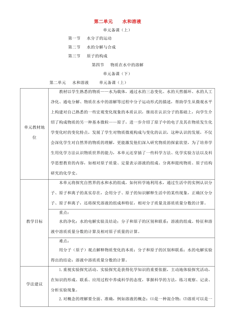 九年级化学上：第二单元 水和溶液教案（全）鲁教版_第1页