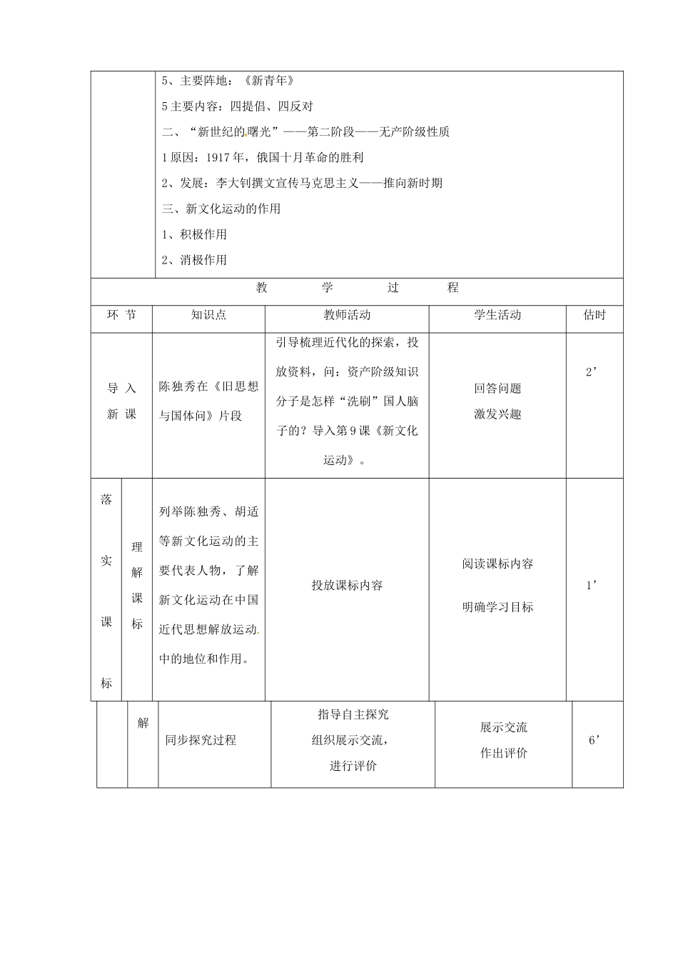 山东省临沭县第三初级中学八年级历史上册《第9课 新文化运动》教案 人教新课标版_第2页