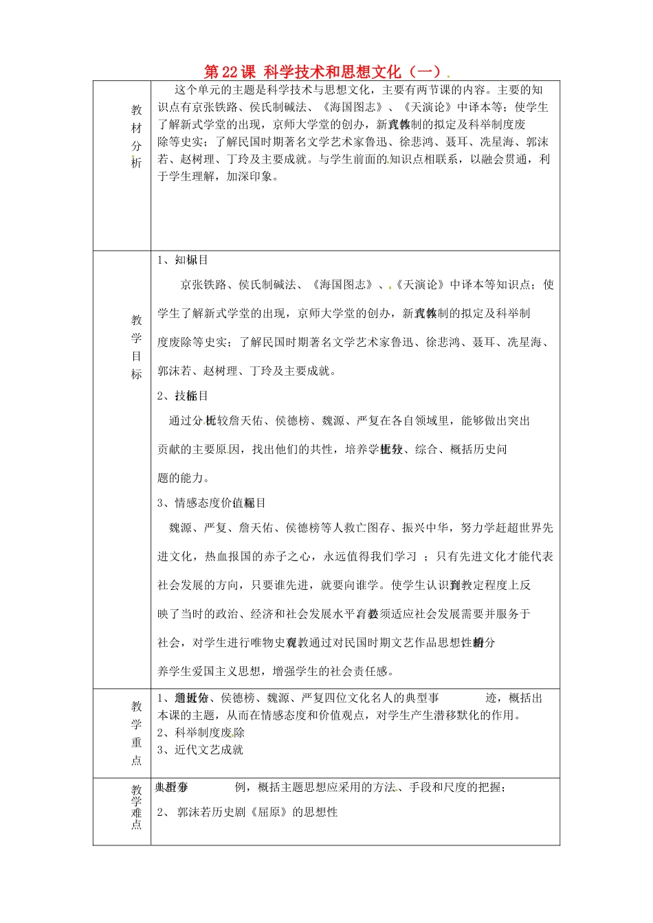 山东省淄博市临淄区第八中学八年级历史上册《第22课 科学技术和思想文化（一）》单元备课教案 新人教版_第1页
