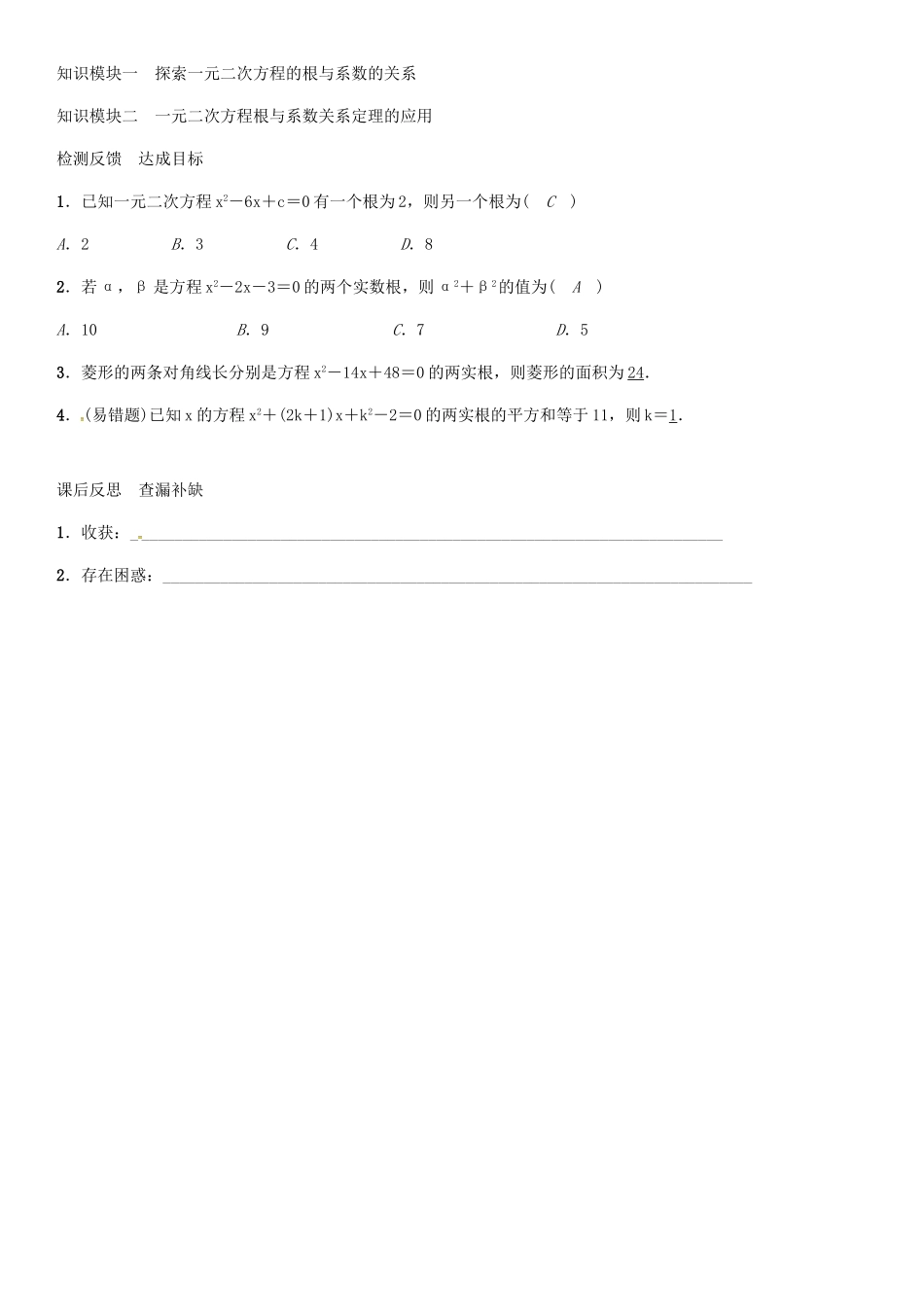 秋九年级数学上册 2.5 一元二次方程的根与系数的关系导学案 （新版）北师大版-（新版）北师大版初中九年级上册数学学案_第3页