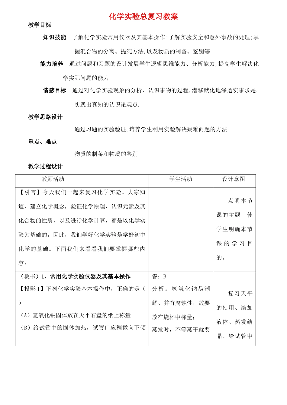九年级化学实验总复习教案 人教新课标版_第1页