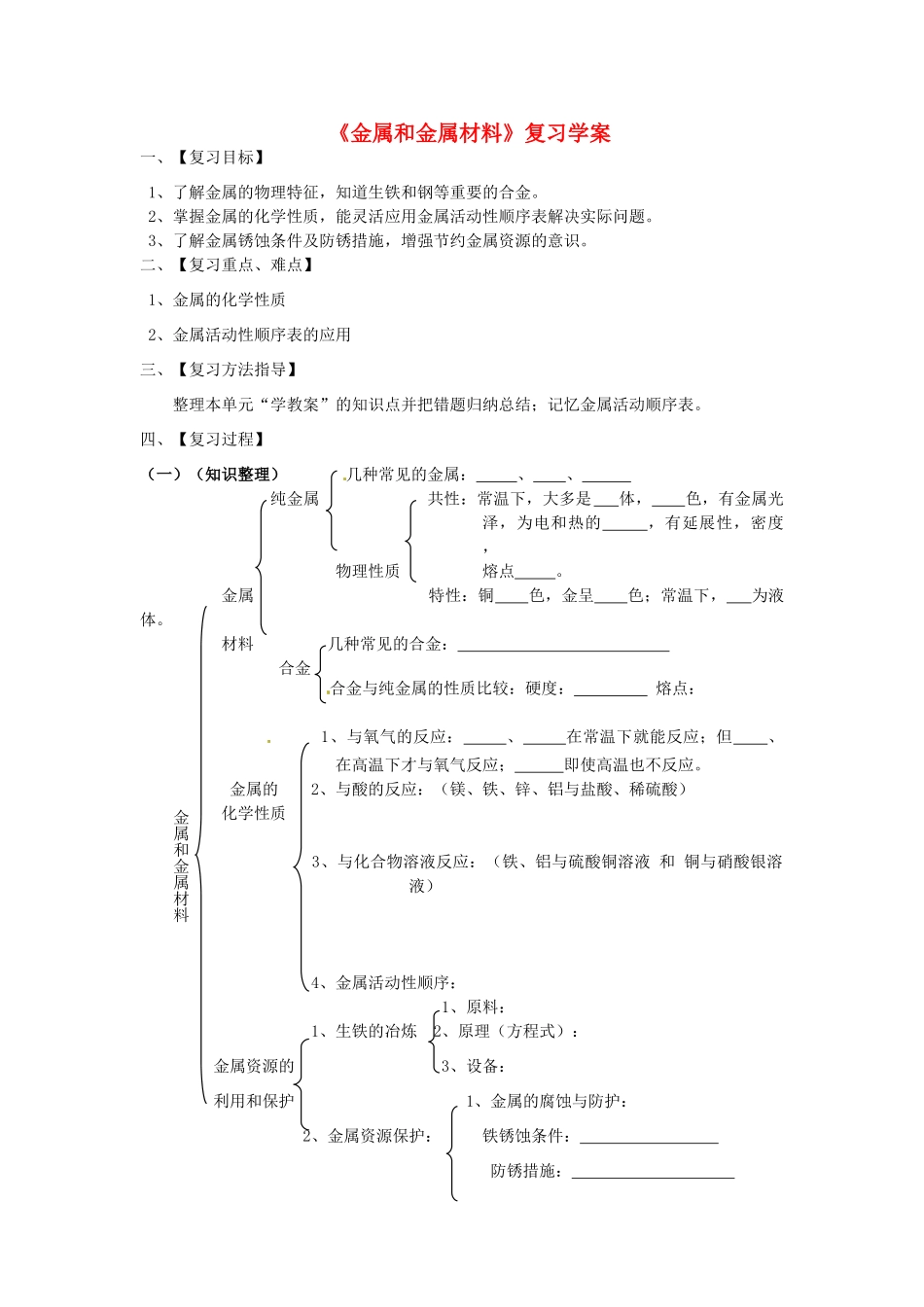 山东省郯城三中九年级化学《金属和金属材料》教案_第1页