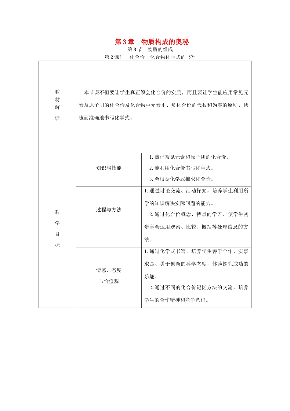 秋九年级化学上册 第3章 物质构成的奥秘 第3节 物质的组成 第2课时 化合价 化合物化学式的书写教案 沪教版-沪教版初中九年级上册化学教案_第1页