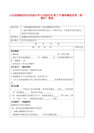 山东省聊城市阳谷实验中学九年级化学 第三节 酸和碱的性质（第一课时）教案