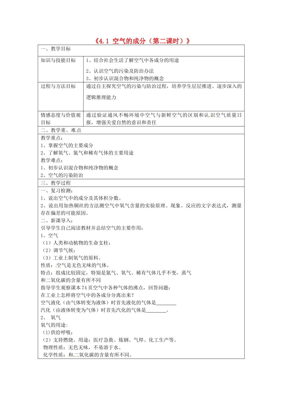 山东省滕州市大坞镇大坞中学九年级化学全册《4.1 空气的成分（第二课时）》教案 鲁教版_第1页