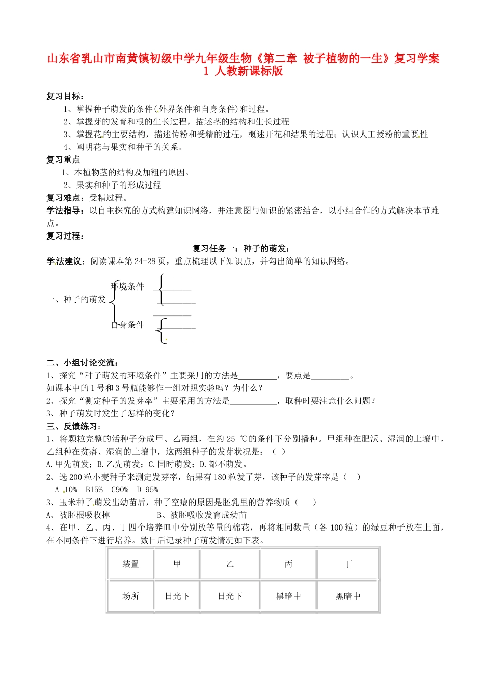 山东省乳山市南黄镇初级中学九年级生物《第二章 被子植物的一生》复习学案1 人教新课标版_第1页