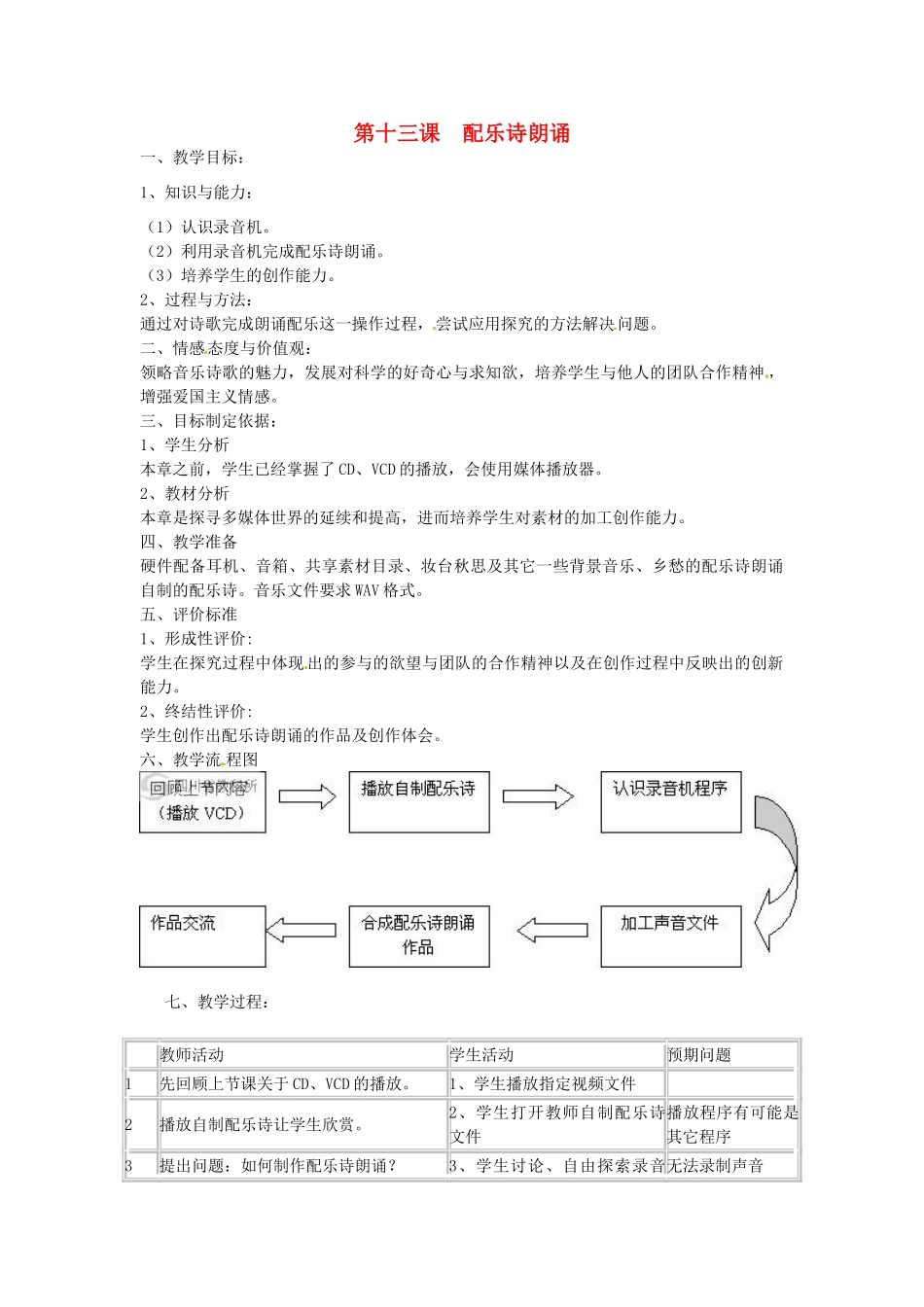 四川省宜宾市兴文县香山中学七年级信息技术下学期 第十三课配乐诗朗诵 教案_第1页