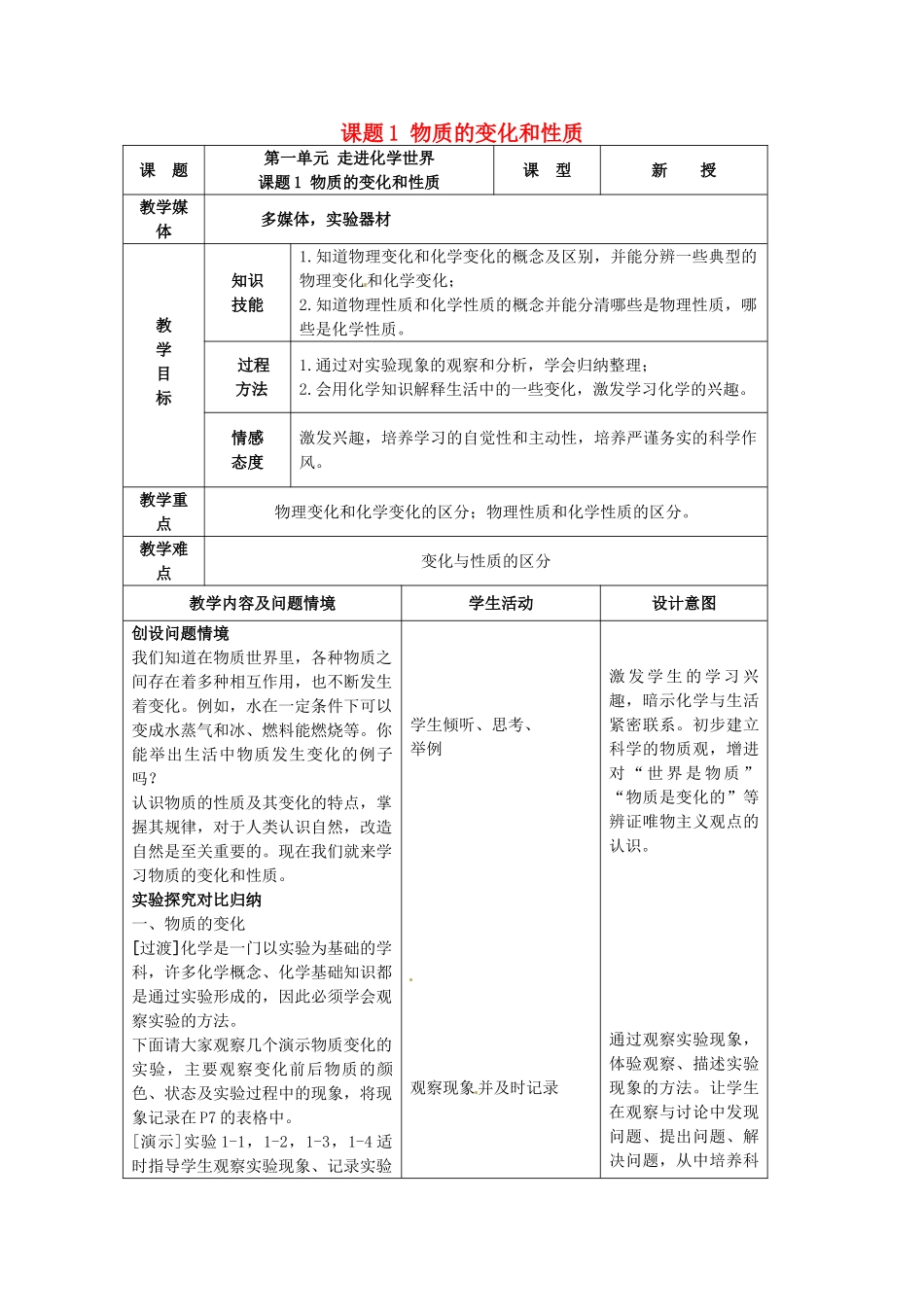 辽宁省开原市第五中学九年级化学上册 第一单元 走进化学世界 课题1 物质的变化和性质教案 （新版）新人教版_第1页
