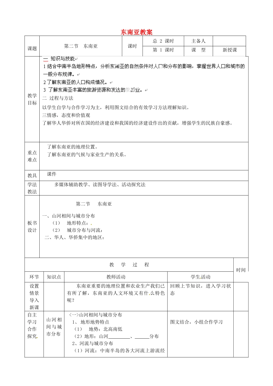 山东省临沭县第三初级中学七年级地理下册 东南亚教案 湘教版_第1页