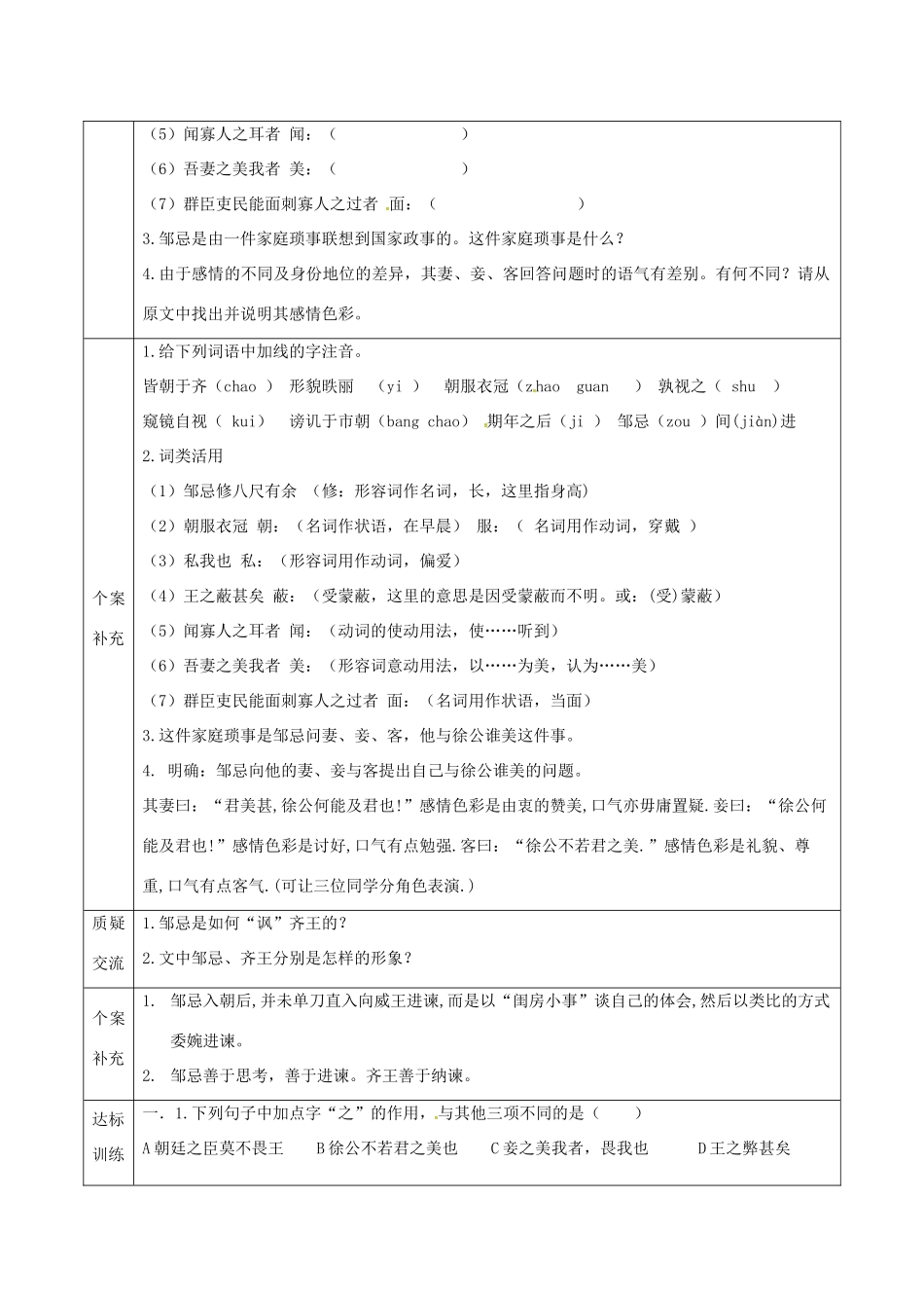 天津市滨海新区九年级语文下册 第六单元 22 邹忌讽齐王纳谏导学案 （新版）新人教版-（新版）新人教版初中九年级下册语文学案_第2页