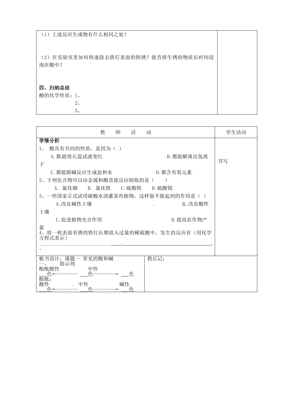 天津市小王庄中学九年级化学下册《常见的酸和碱（第一课时）》教案 新人教版_第2页