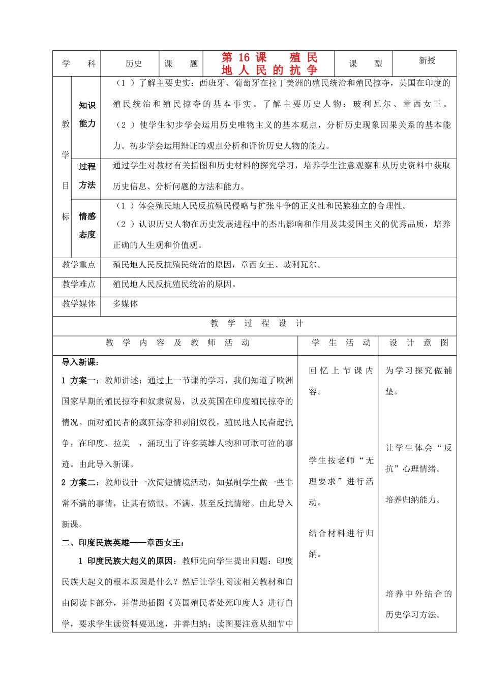 九年级历史上册 第16课《殖民地人民的抗争》示范教案 人教新课标版_第1页