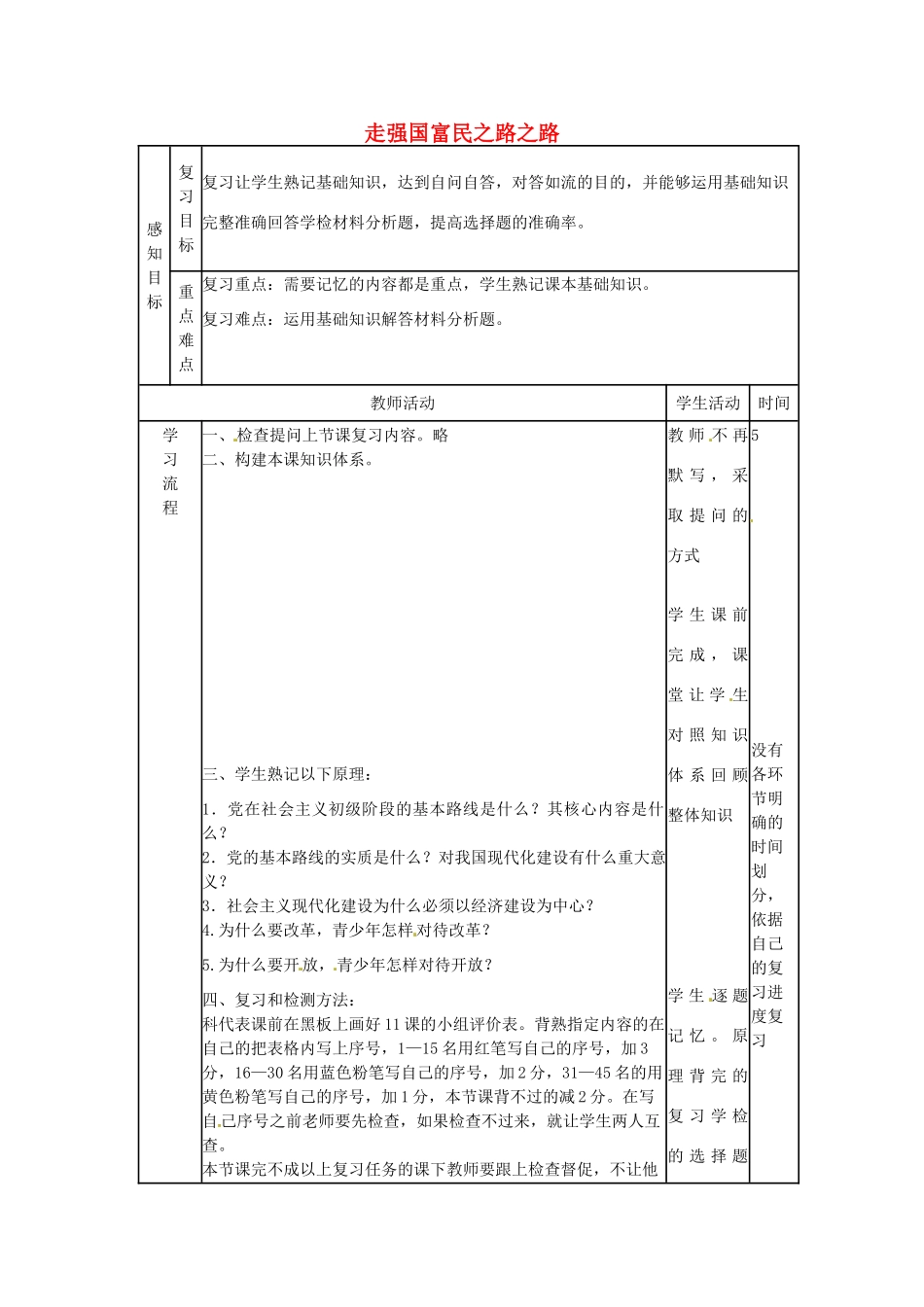 山东省邹平县实验中学九年级政治全册 第6课 走强国富民之路之路教学案 鲁教版_第1页