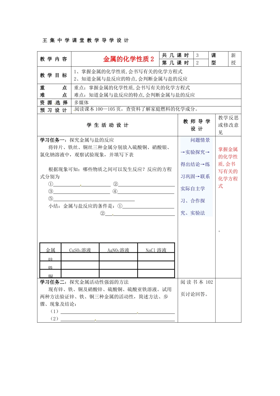 江苏省泗阳县王集中学九年级化学 8.2《金属的化学性质》教案（1）人教新课标版_第1页