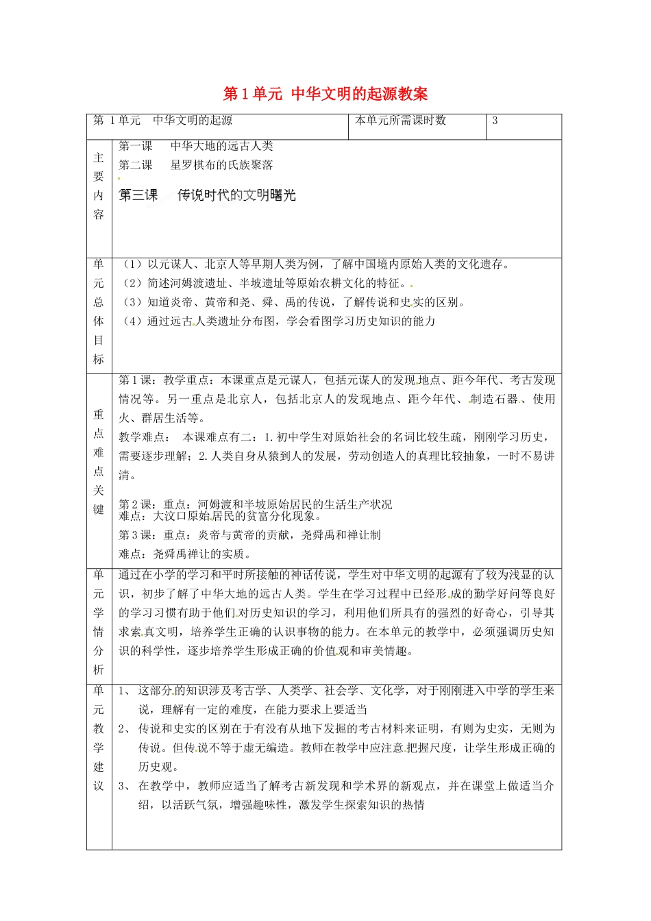 山东省邹平县实验中学七年级历史上册 第1单元 中华文明的起源教案 北师大版_第1页