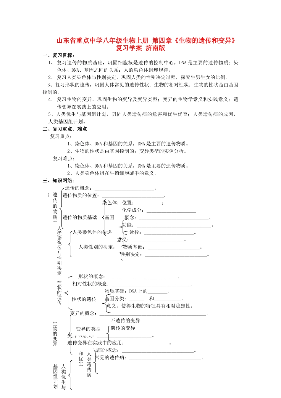 山东省重点中学八年级生物上册 第四章《生物的遗传和变异》复习学案 济南版_第1页