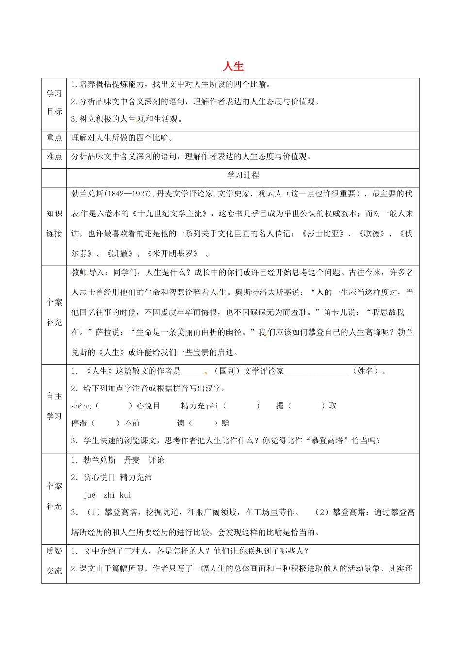 天津市滨海新区九年级语文下册 第三单元 12 人生导学案 （新版）新人教版-（新版）新人教版初中九年级下册语文学案_第1页