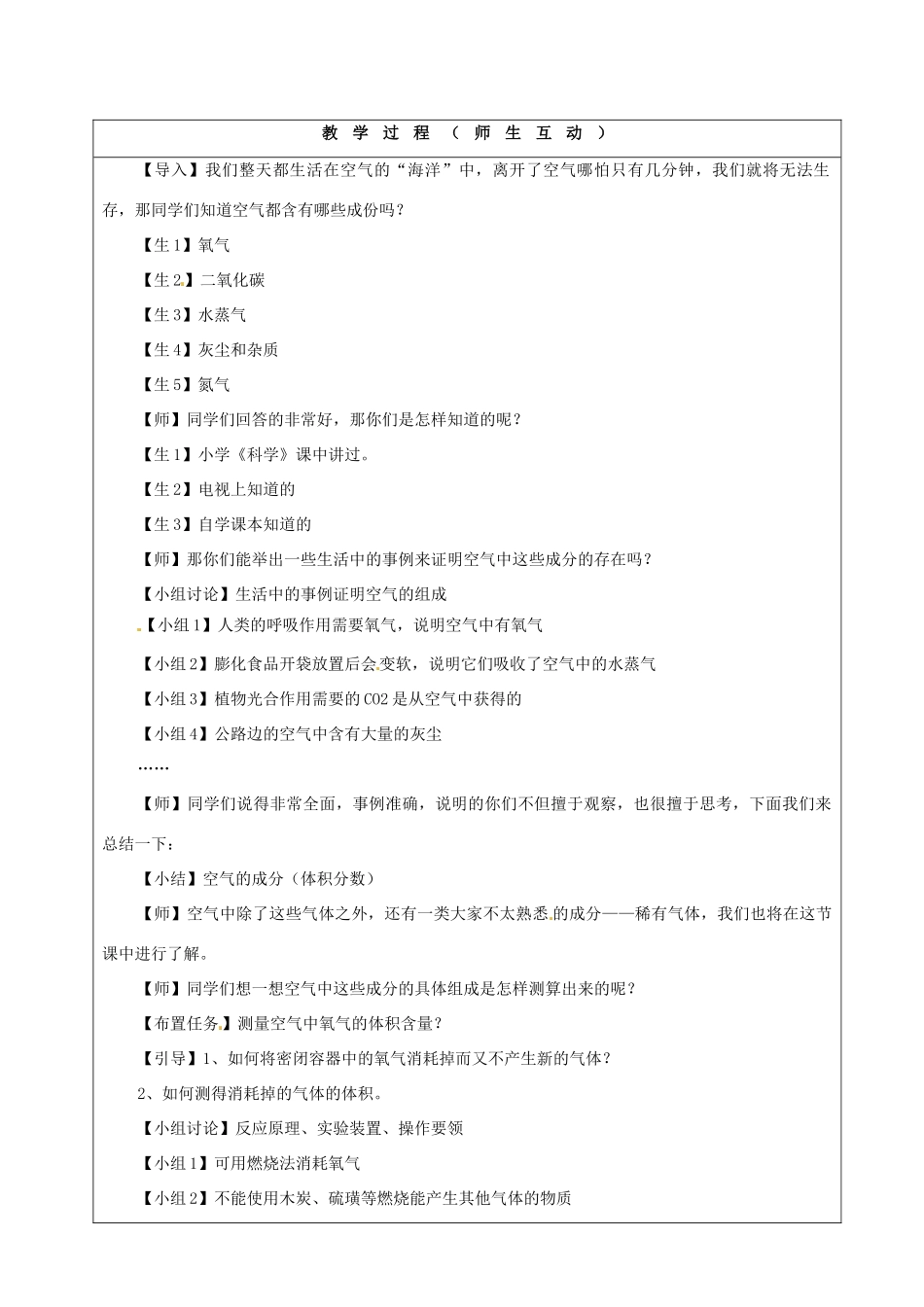 山东省烟台20中九年级化学《认识空气的组成》教学设计 _第2页