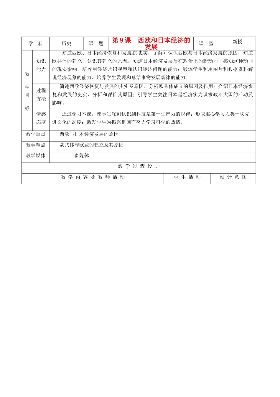九年级历史下册 4.9《西欧和日本经济的发展》教案 人教新课标版_第1页
