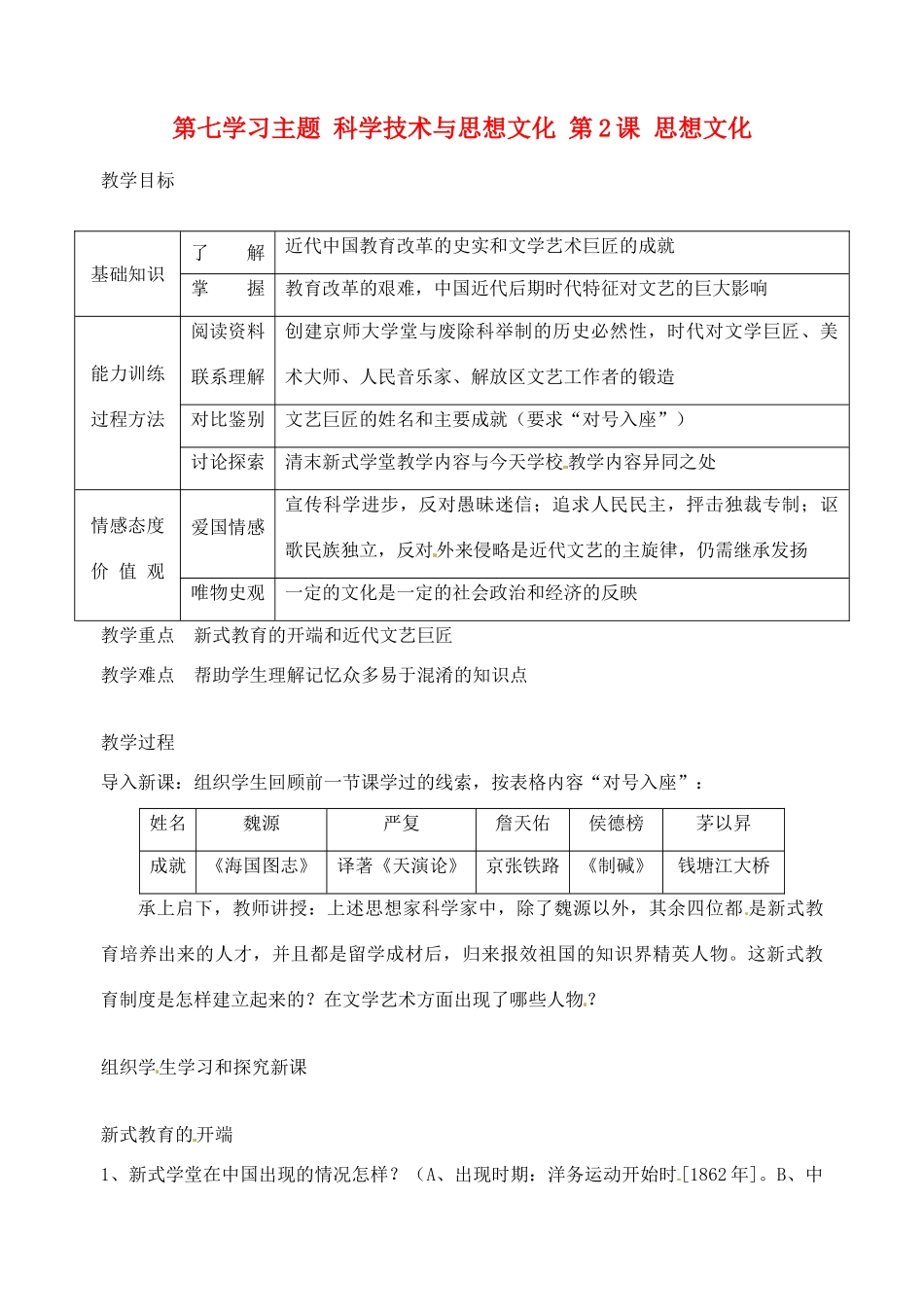 四川省宜宾县复龙初级中学八年级历史上册 第七学习主题 科学技术与思想文化 第2课 思想文化教案 川教版_第1页