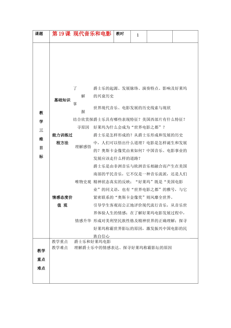 九年级历史下册 第19课 现代音乐和电影教案 新人教版_第1页