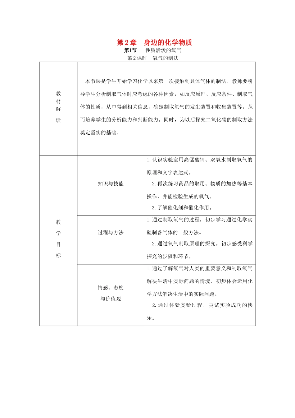 秋九年级化学上册 第2章 身边的化学物质 第1节 性质活泼的氧气 第2课时 氧气的制法教案 沪教版-沪教版初中九年级上册化学教案_第1页