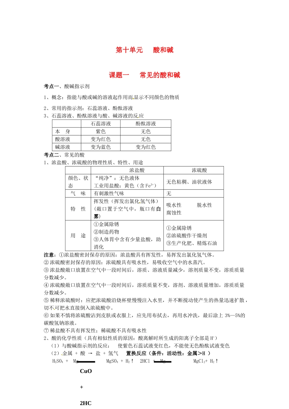 九年级化学下册 第十单元 酸和碱《课题一 常见的酸和碱》考点复习教案 新人教版_第1页