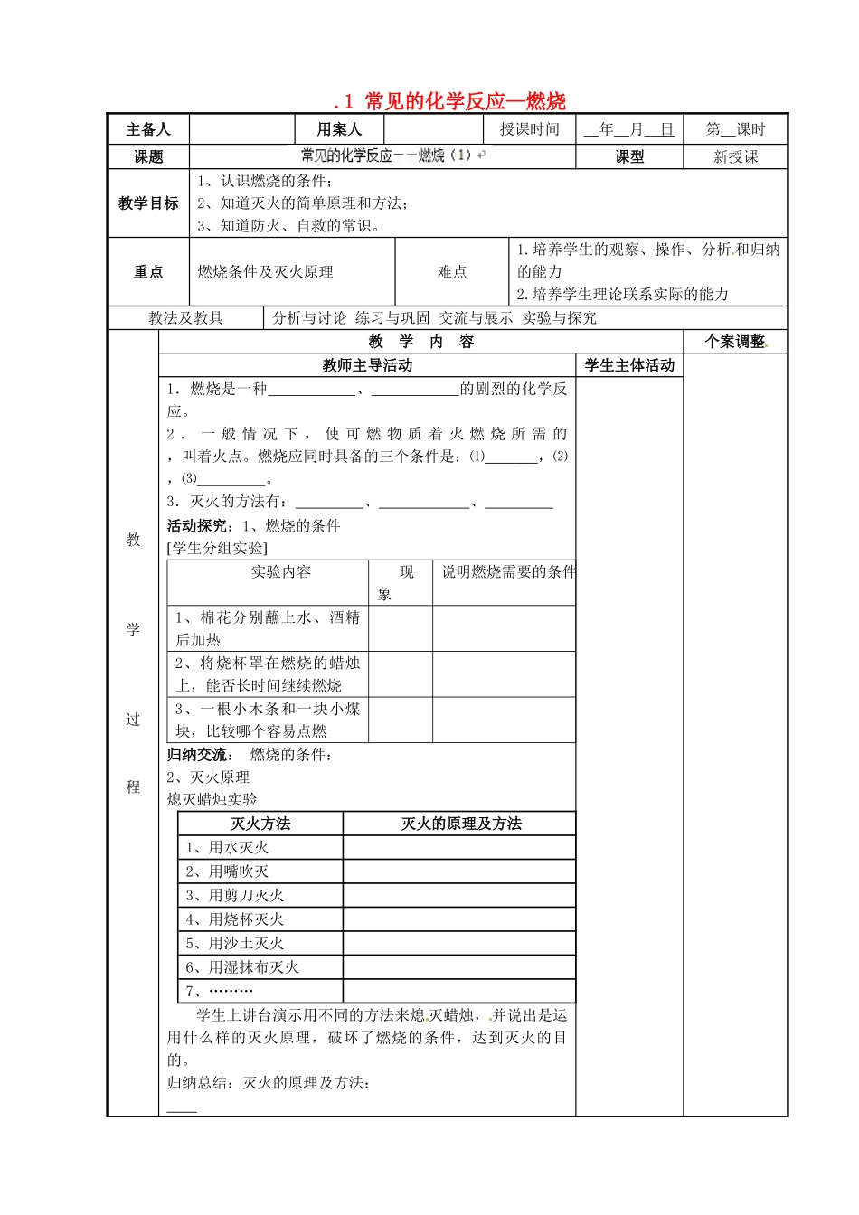 江苏省新沂市第二中学九年级化学上册 4.1 常见的化学反应—燃烧教案（1）（新版）沪教版_第1页