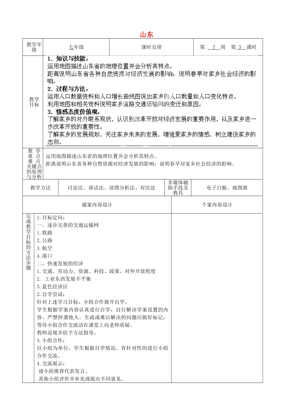 山东省烟台市黄务中学七年级地理下册 5.2 山东（第3课时）教案 新人教版五四制_第1页