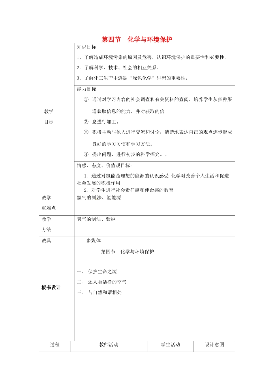山东省莱州市沙河镇九年级化学全册 第六单元 化学与社会发展 第四节 化学与环境保护教案 鲁教版五四制-鲁教版五四制初中九年级全册化学教案_第1页