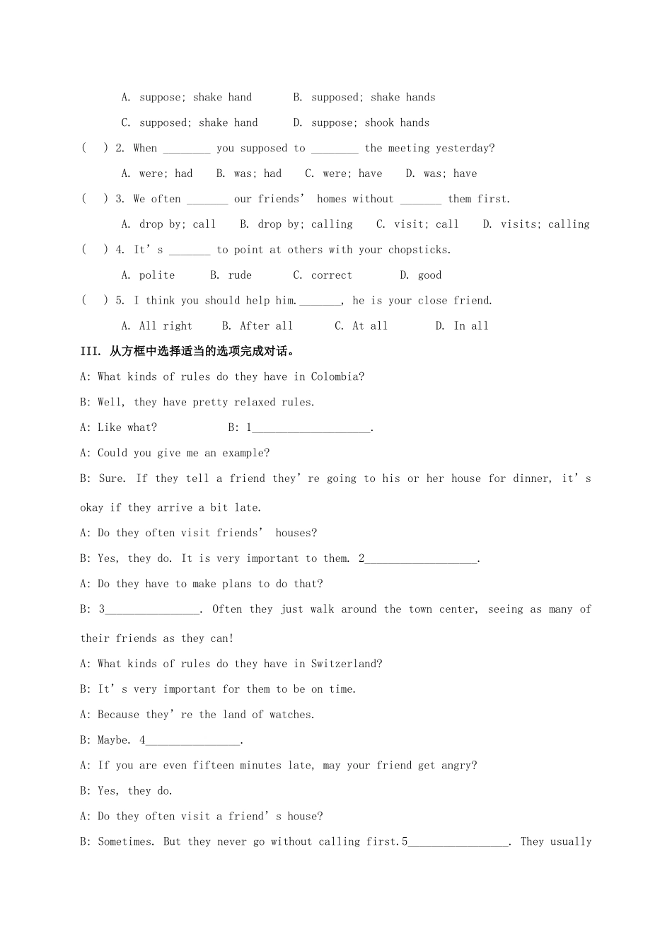 九年级英语全册《Unit 10 You’re supposed to shake hands（第2课时）》学案 （新版）人教新目标版-（新版）人教新目标版初中九年级全册英语学案_第3页