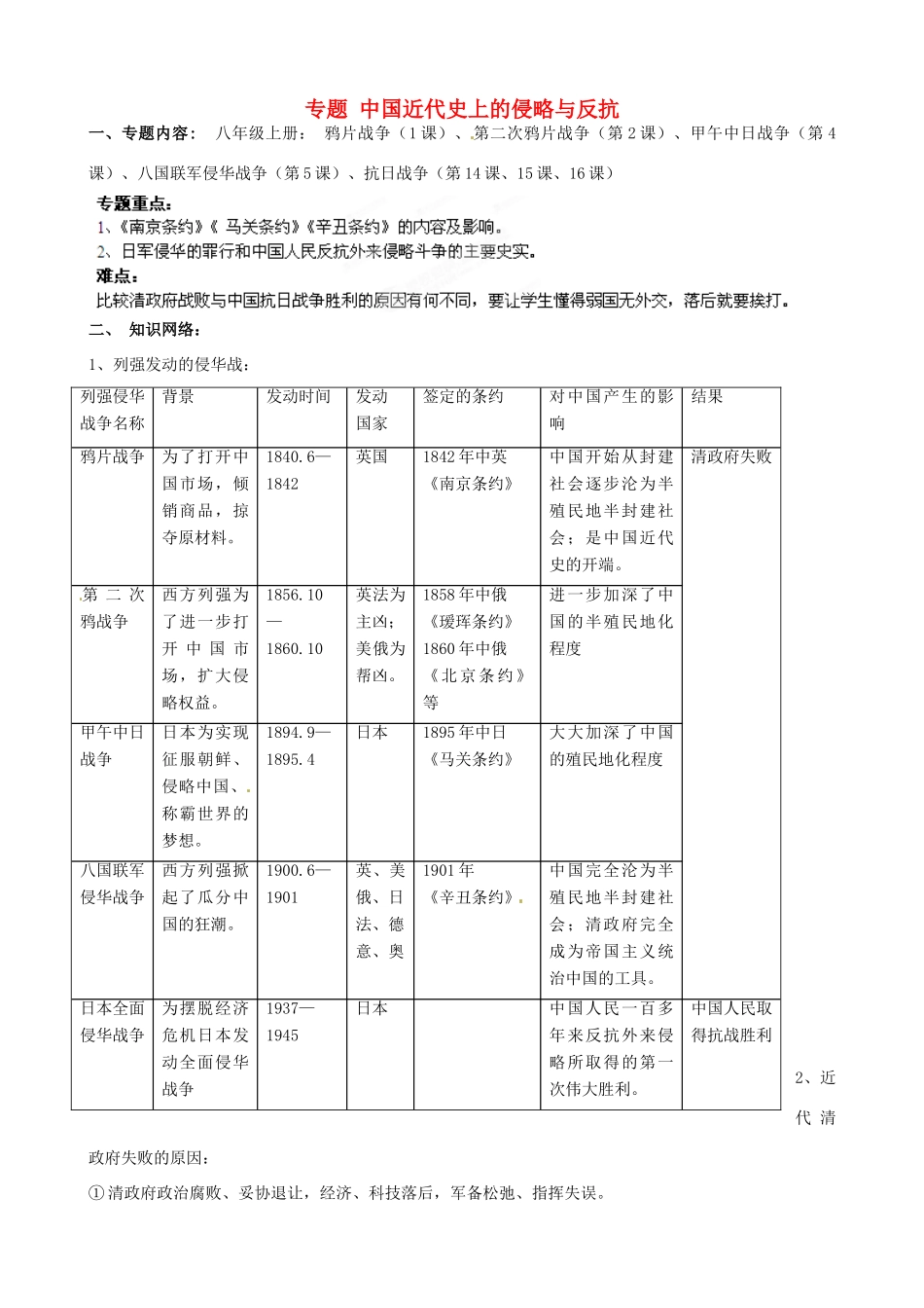 山东省肥城市石横镇初级中学中考历史专题复习 中国近代史上的侵略与反抗教案_第1页