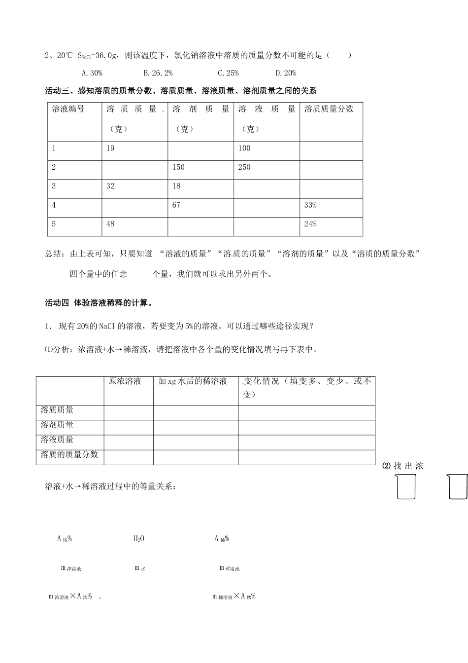 江苏省如皋市石庄初中九年级化学下册《溶质的质量分数（第1课时）》教案 新人教版_第2页