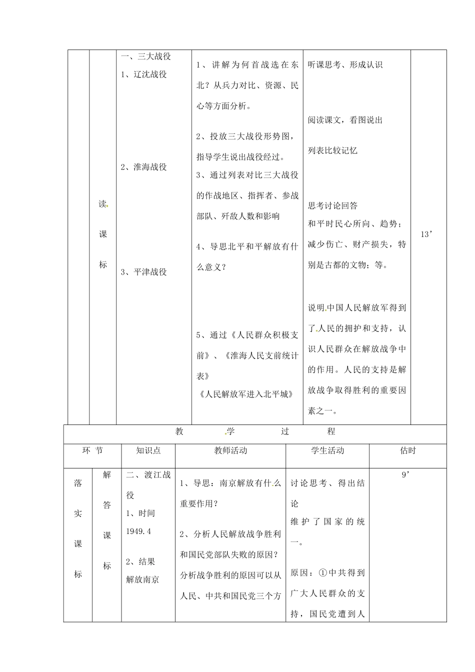 山东省临沭县第三初级中学八年级历史上册《第18课 战略大决战》教案 人教新课标版_第3页
