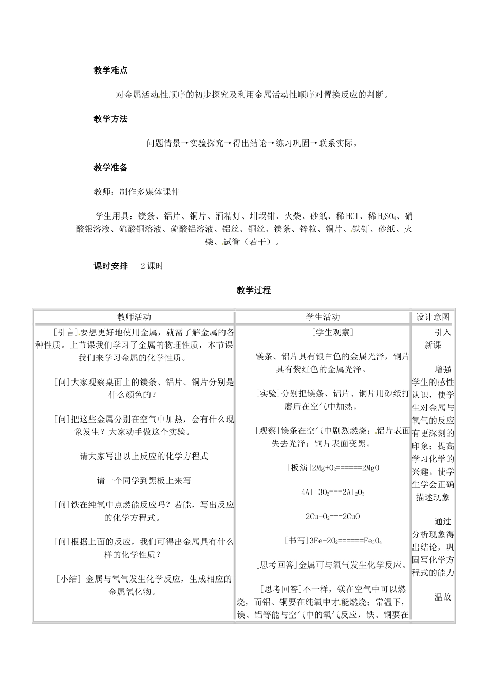 江苏省大丰市万盈二中九年级化学下册《8.2 金属的化学性质》教案 人教新课标版_第2页