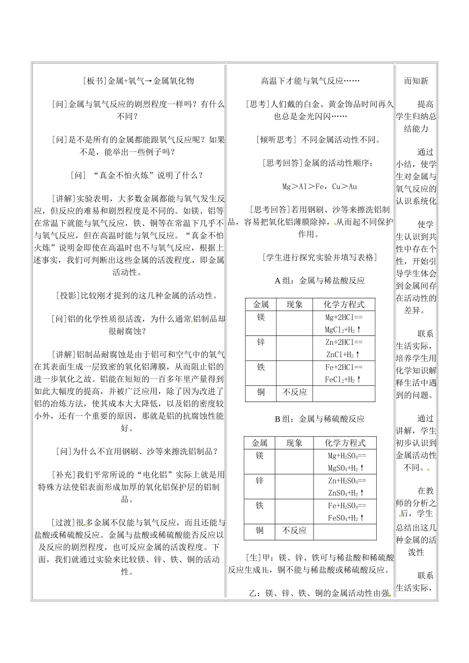 江苏省大丰市万盈二中九年级化学下册《8.2 金属的化学性质》教案 人教新课标版_第3页
