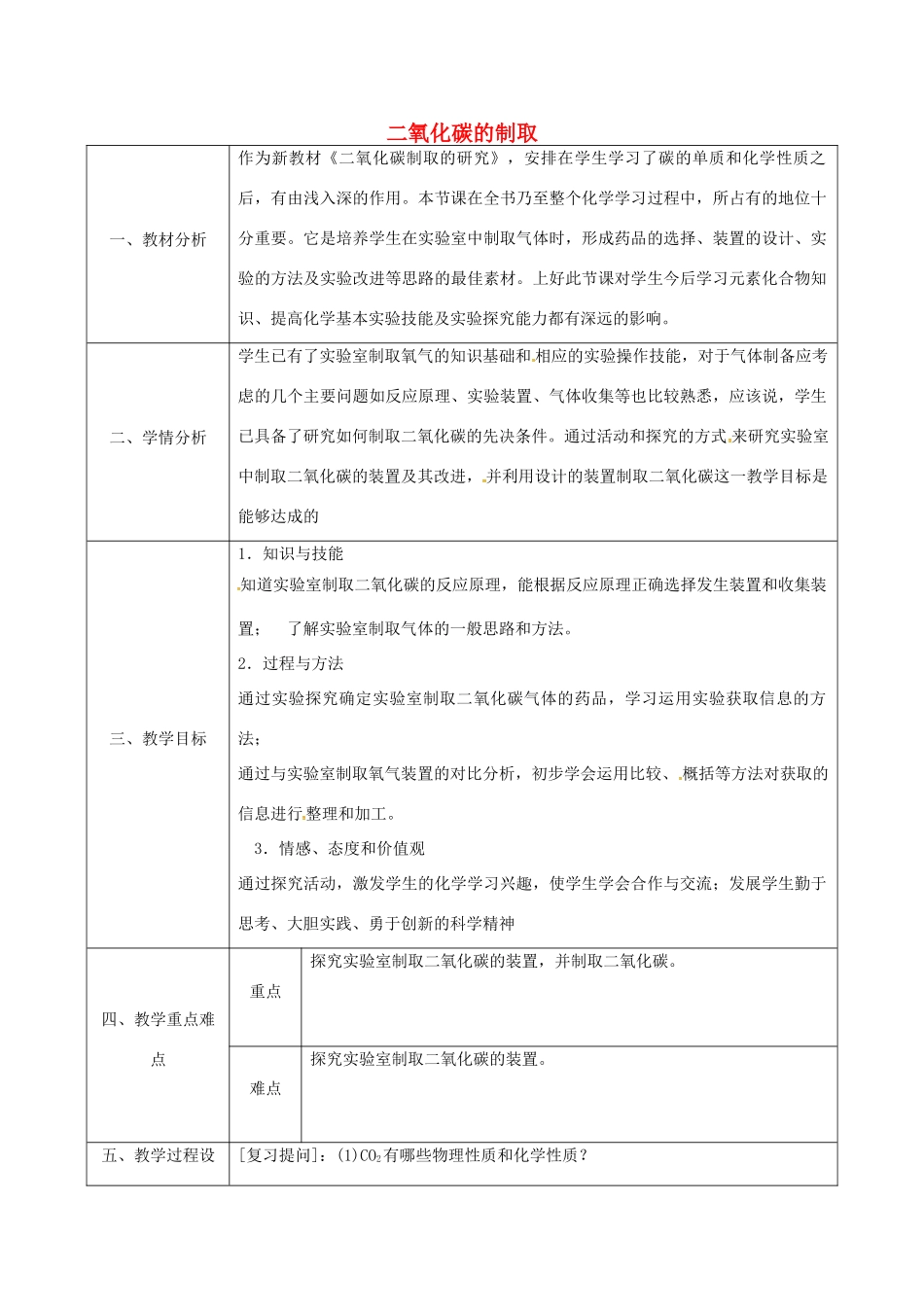 陕西省安康市石泉县池河镇九年级化学上册 5.3 二氧化碳的性质和制法 二氧化碳的制取教案 （新版）粤教版-（新版）粤教版初中九年级上册化学教案_第1页