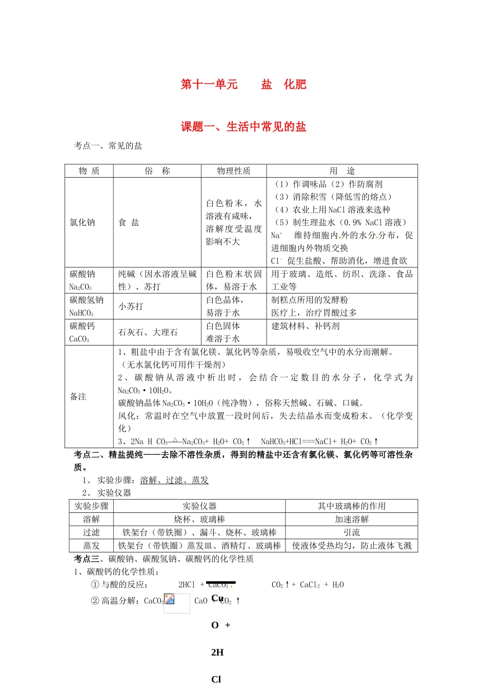 九年级化学下册 第十一单元 盐 化肥《课题一 生活中常见的盐》考点复习教案 新人教版_第1页