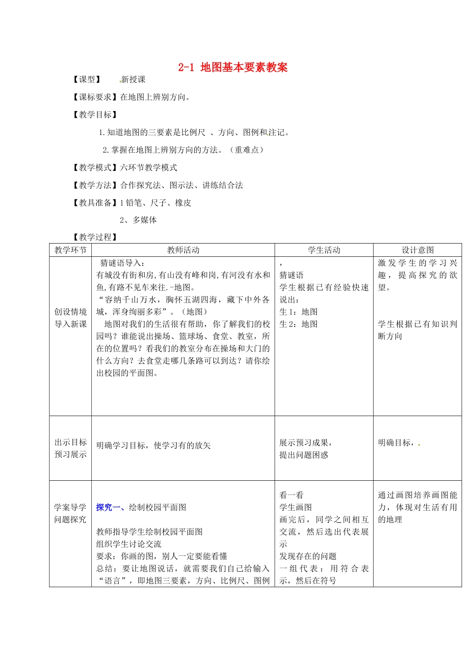 山东省枣庄市峄城区吴林街道中学七年级地理上册 2-1 地图基本要素教案（1） 商务星球版_第1页
