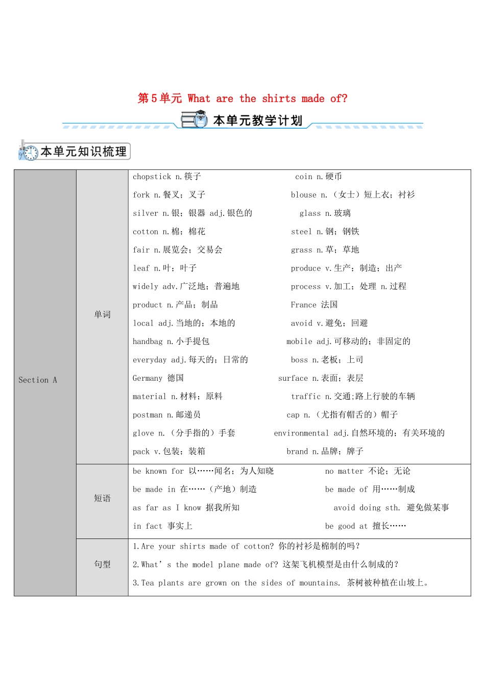 九年级英语全册 Unit 5 What are the shirts made of第1课时导学案1（新版）人教新目标版-（新版）人教新目标版初中九年级全册英语学案_第1页