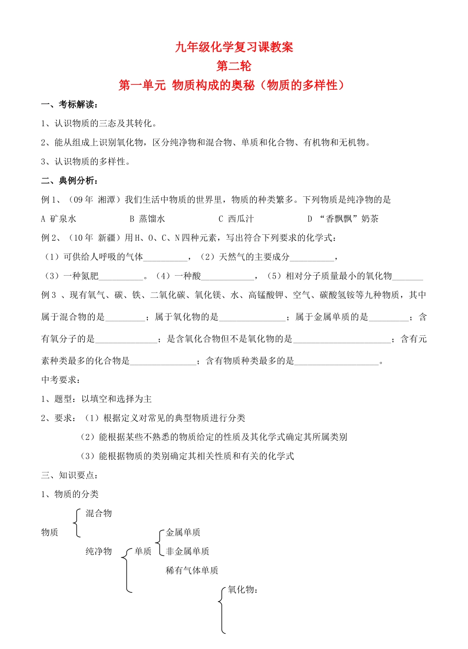 九年级化学第二轮考标复习 物质构成的奥秘（物质的多样性）教案 人教新课标版_第1页
