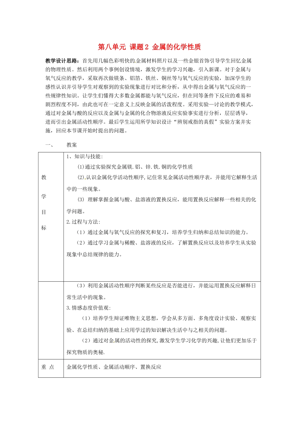 陕西省西安市回民中学九年级化学下册 第八单元 课题2 金属的化学性质教学设计 新人教版_第1页