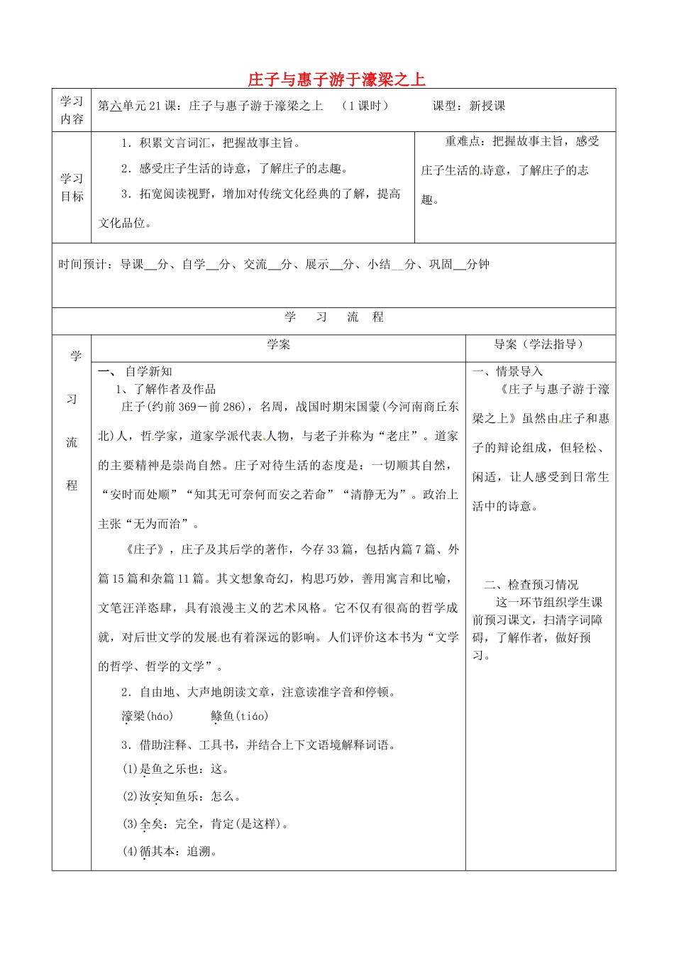 陕西省山阳县八年级语文下册 第六单元 21庄子与惠子导学案 新人教版-新人教版初中八年级下册语文学案_第1页