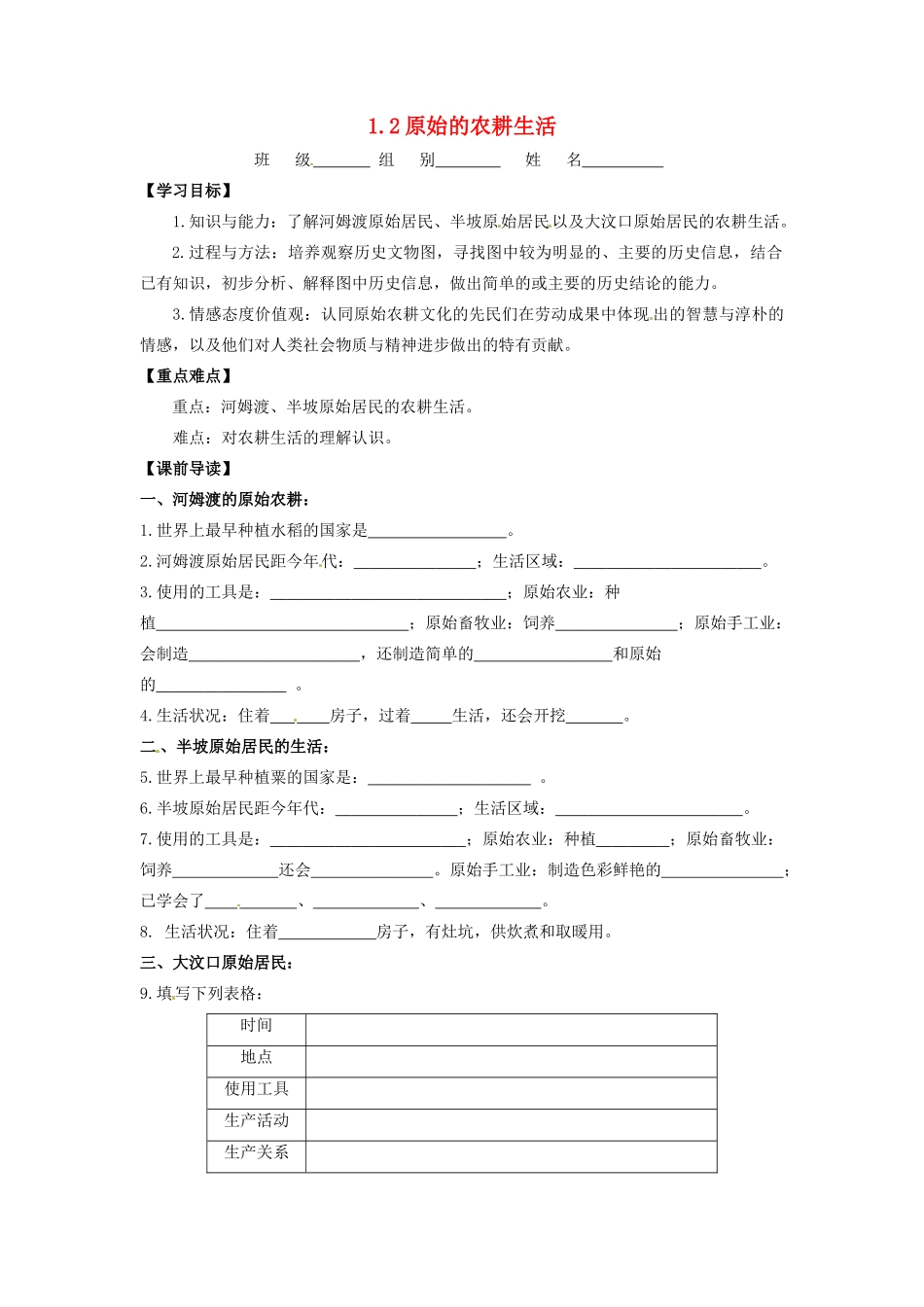 辽宁省凌海市石山初级中学七年级历史上册 1.2原始的农耕生活问题导读单 新人教版_第1页